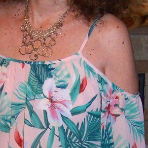 FOREVER 21 CONTEMPORARY SEXY FLORAL  COLD SHOULDER TIERED BLOUSE